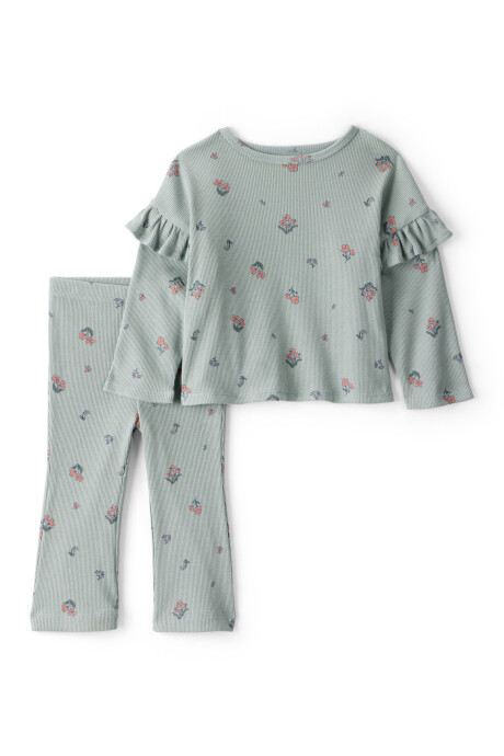 Set dos piezas de algodón, pantalón y remera, diseño floral Set dos piezas de algodón, pantalón y remera, diseño floral