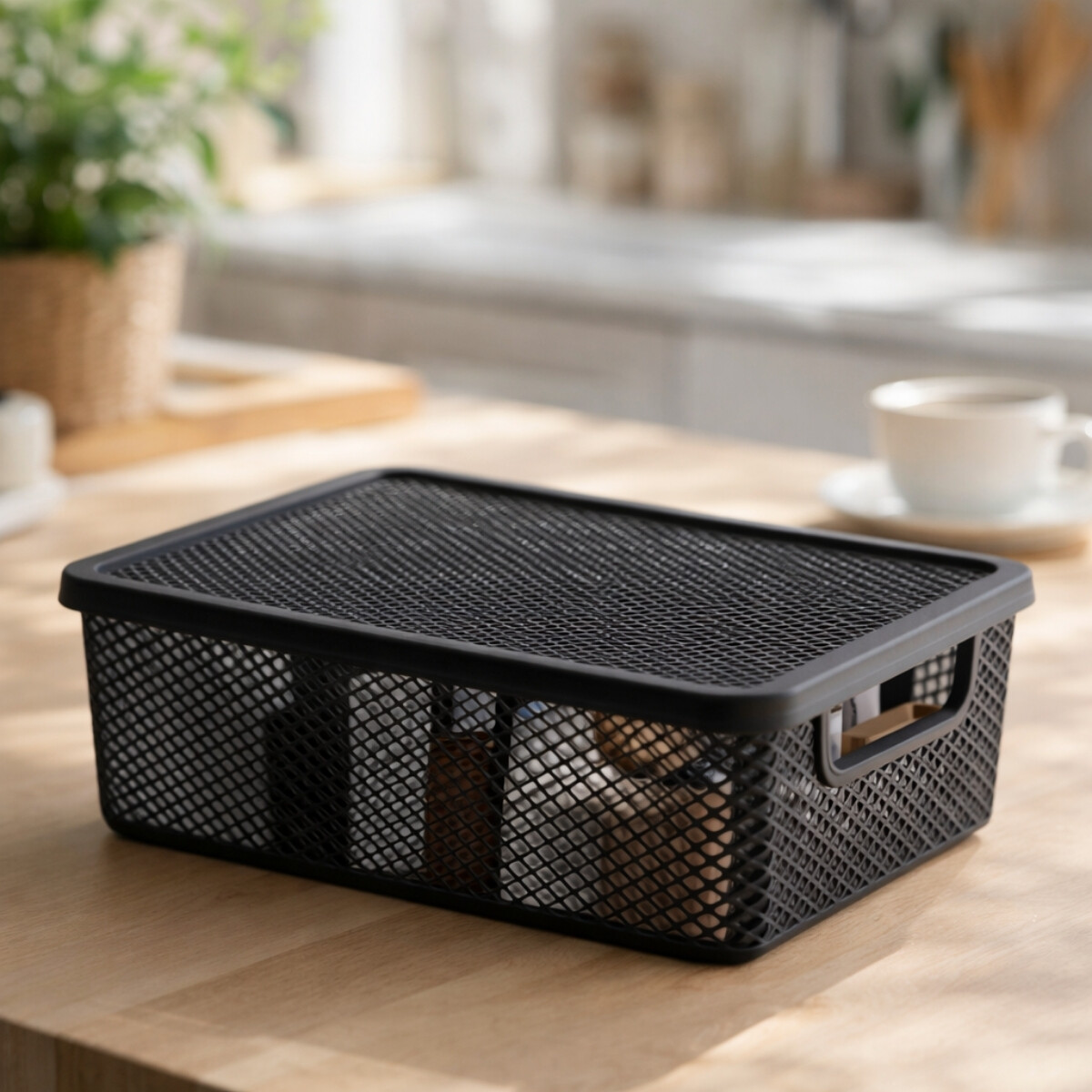 Cesto organizador calado línea con tapa M - NEGRO 