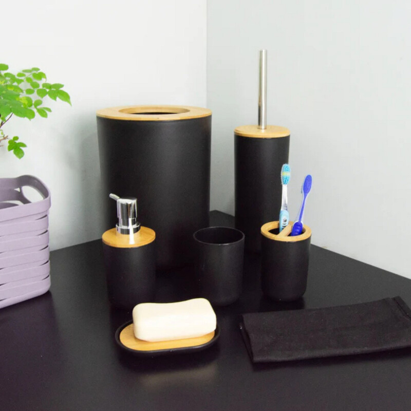Juego De Accesorios Para Baño 6 Piezas Plástico Símil Madera Negro