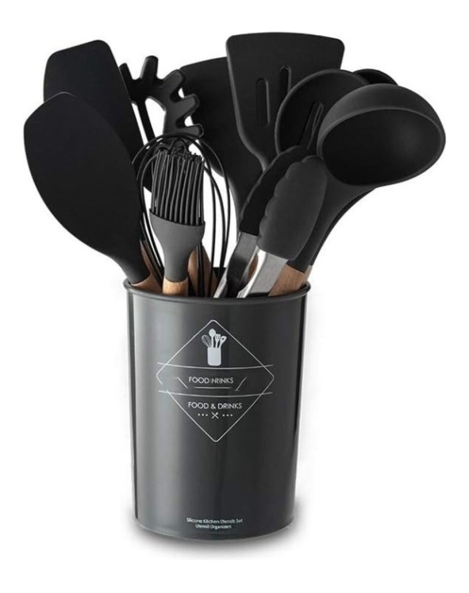 Kit Set Utensilios Para Cocina Madera Y Goma - Negro 