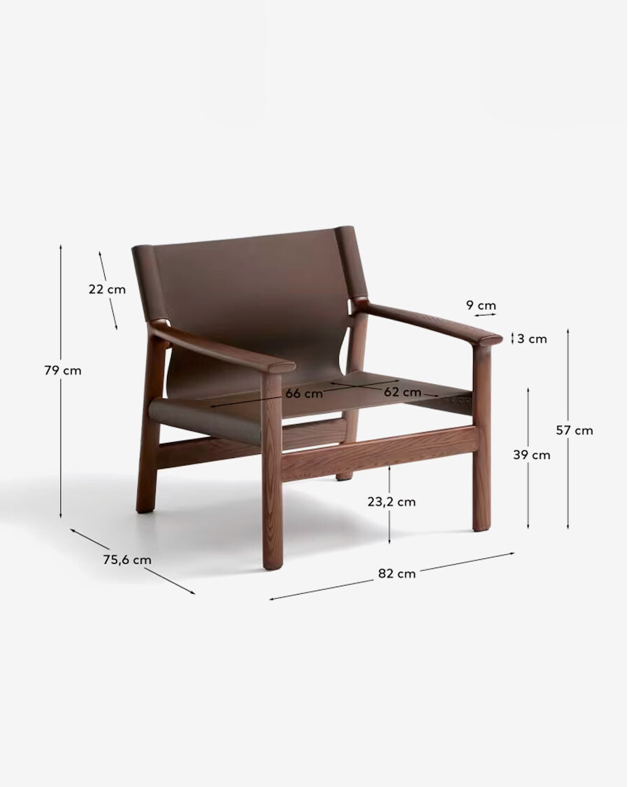 Butaca Jan de fibras de cuero reciclado marrón oscuro y madera maciza de fresno con acabado tono nogal FSC 100% Butaca Jan de fibras de cuero reciclado marrón oscuro y madera maciza de fresno con acabado tono nogal FSC 100%
