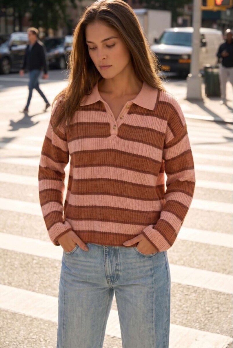Sweater Polo Rayado - Rosa Viejo 