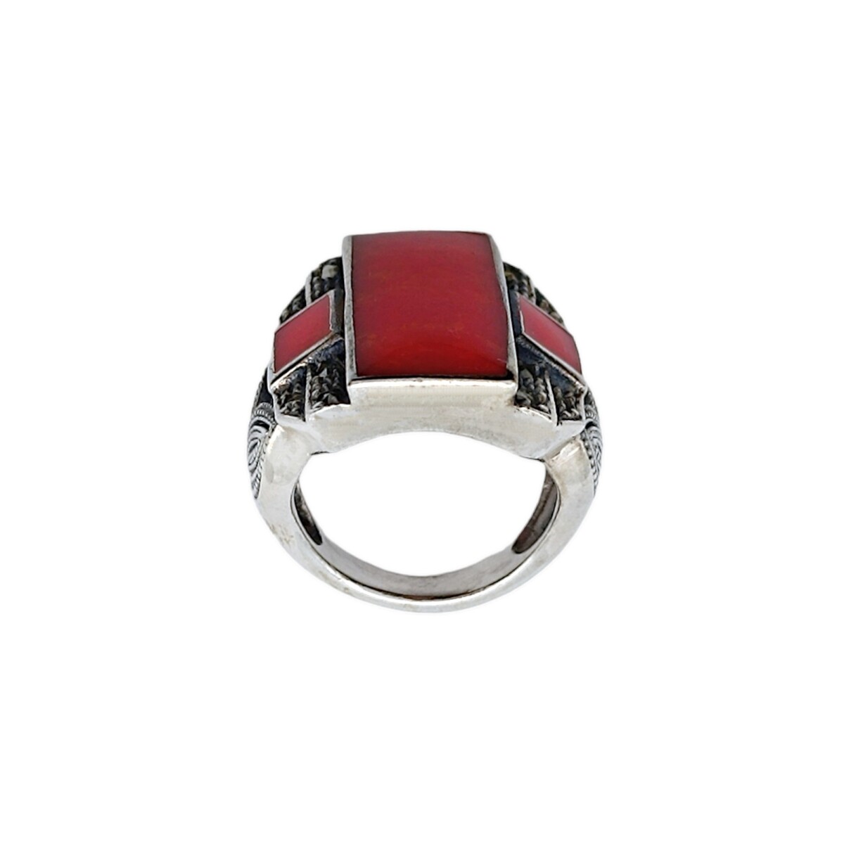 Anillo Rectangulo-Plata 925-Piedra Coral Rojo y Marquesita-AN4245 - conpiedra 
