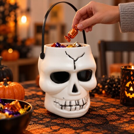 Caramelera balde calavera Halloween Blanco