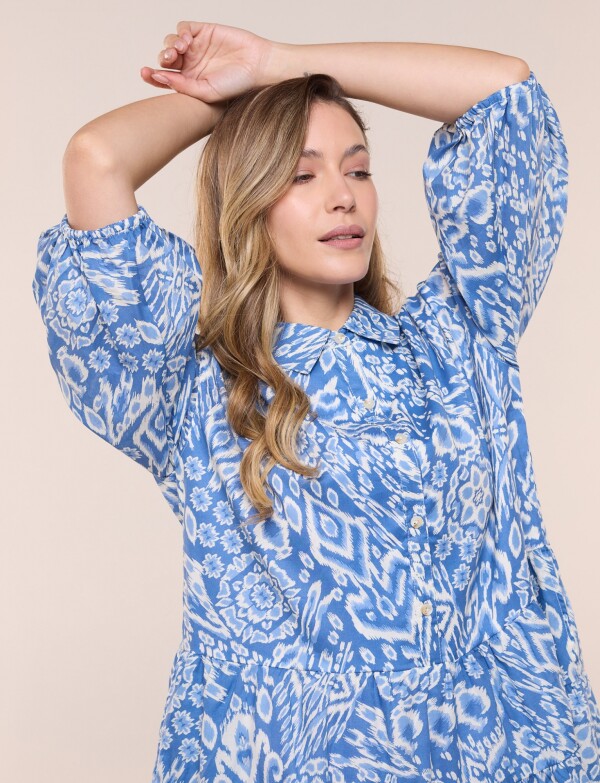 Vestido Mini Camisero Manga 3/4 Abullonada AZUL/MULTI