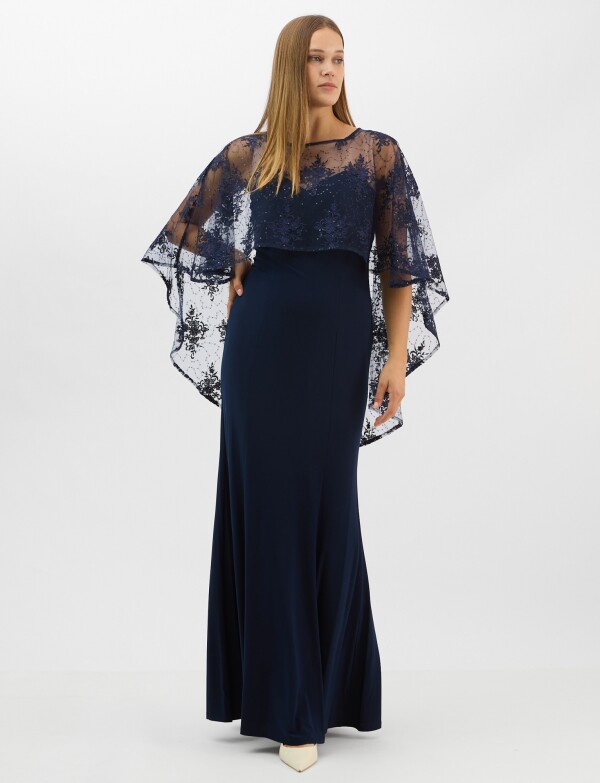 Vestido Maxi Con Capa Bordada AZUL