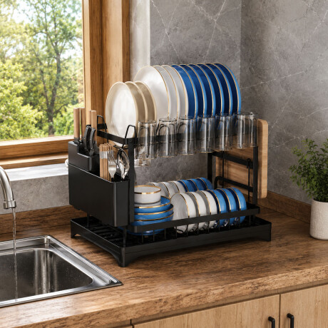 Escurridor Platos 2 Niveles Drenaje Automático Acero Inox Negro