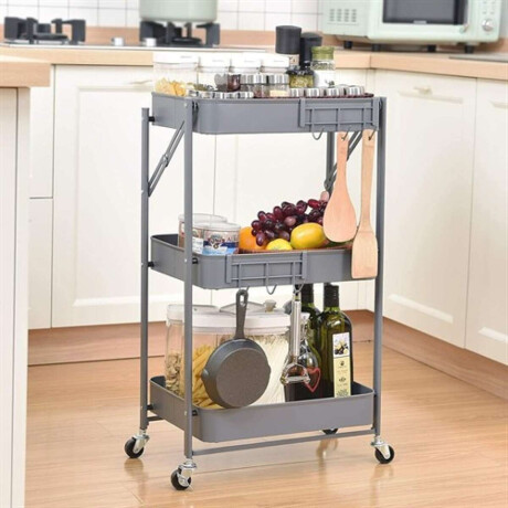Carrito Organizador Plegable Tres Estantes Y Ruedas Gris
