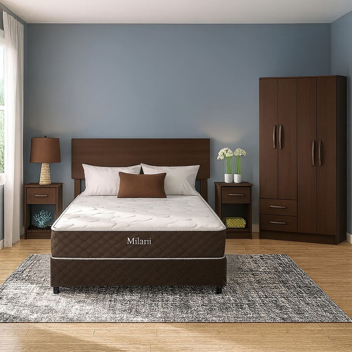 Combo de Dormitorio Armario Ropero de 4 Puertas, Respaldo C / 2 Mesas de Luz - MDP - FE - TABACO 