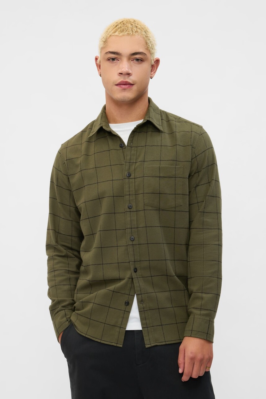 Camisa Standard Franela Hombre Olive Windowpane