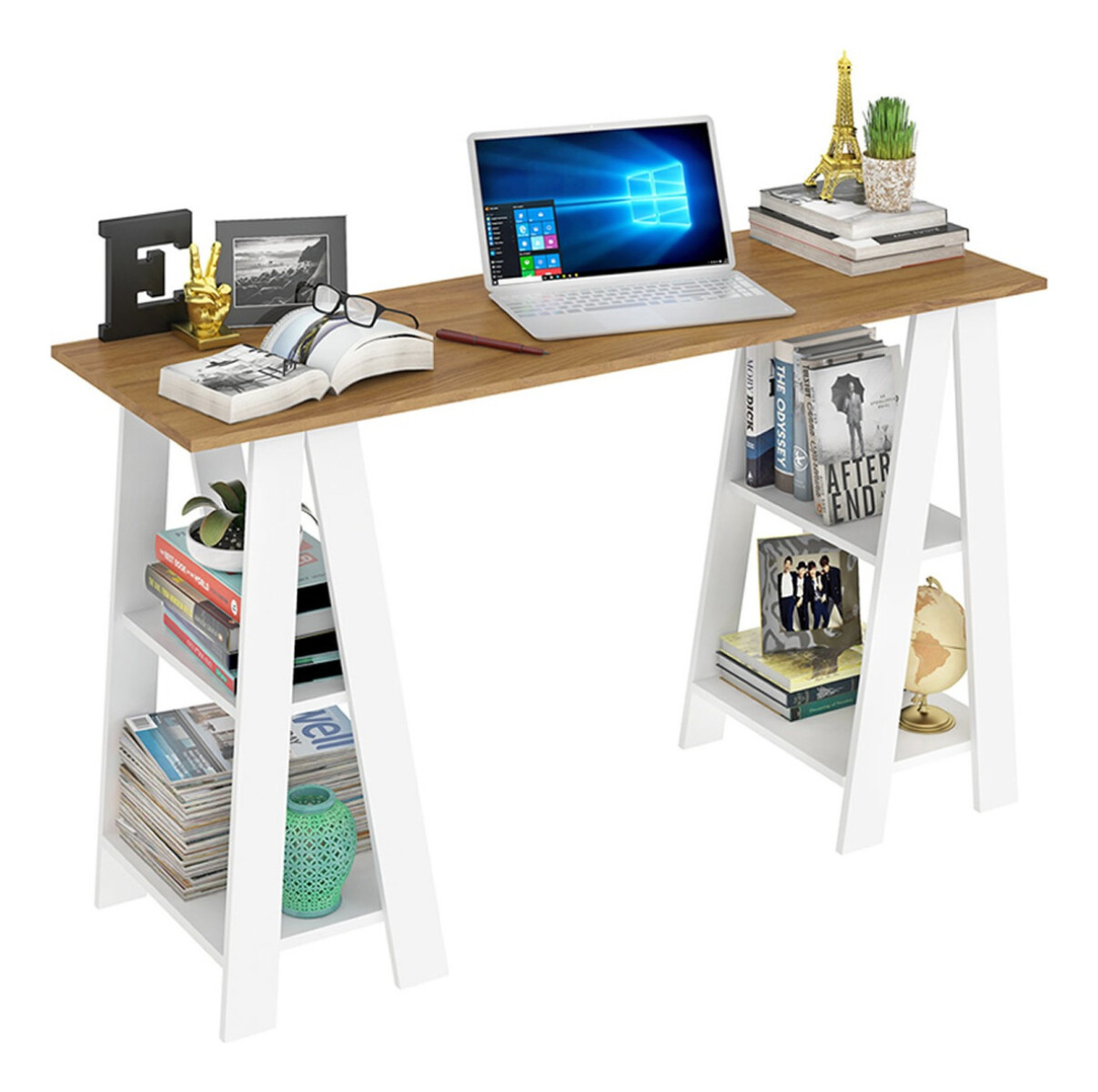 Escritorio Mesa Con Caballetes Diseño Oficina Pc Minimal Color Blanco 