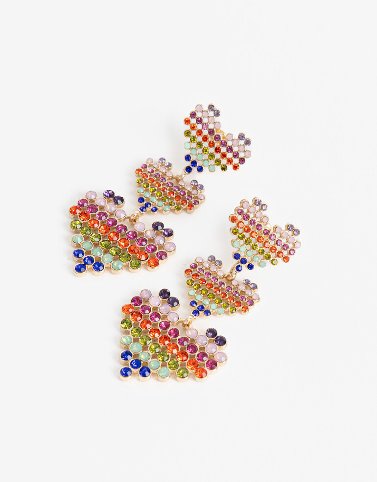 Aros Colgantes Largos Color Aros Colgantes Corazón Strass - Combinacion Multicolor