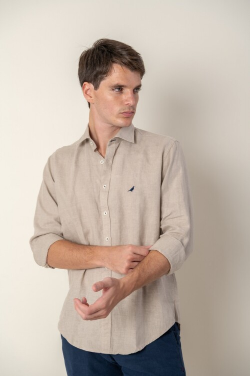 Camisa short collar lino Beige