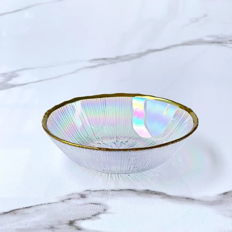 Bowl Vidrio Tornasolado Borde Dorado Ø13cm x Alto 3.5cm Bowl Vidrio Tornasolado Borde Dorado Ø13cm x Alto 3.5cm