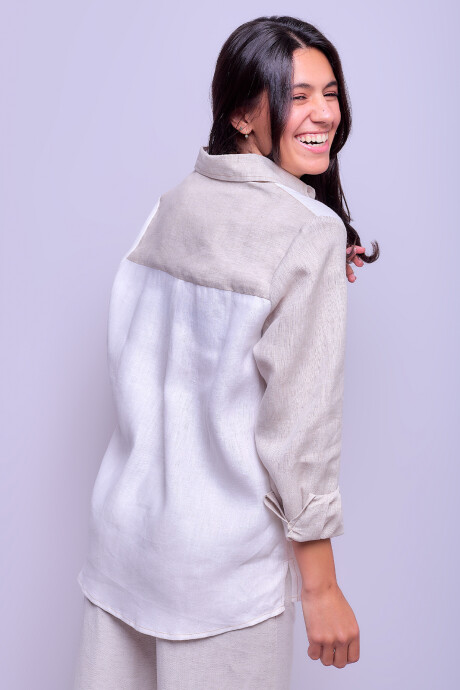 Camisa Suspiro en Lino Combinada Blanco con Beige