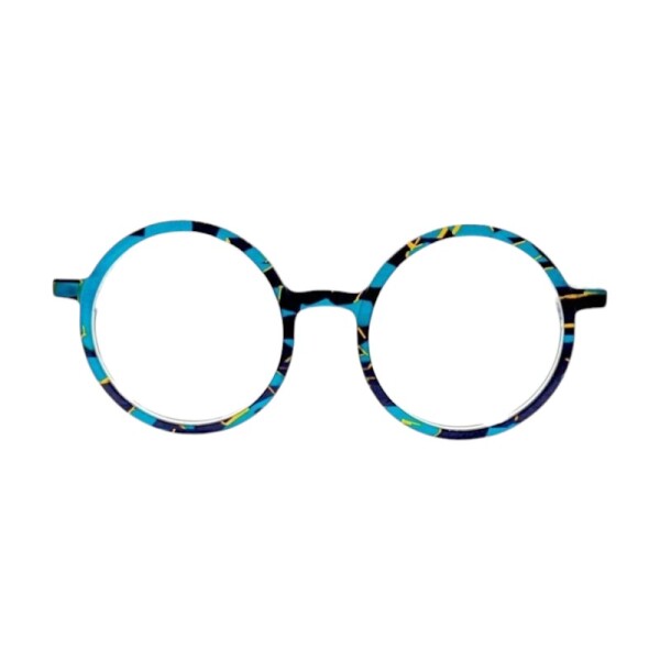 Tipo: Lente de receta. Marca: MÓ. Material: Acetato. Color: Celeste combinado con vetas de colores. Calibre: Chico. celestecombinado