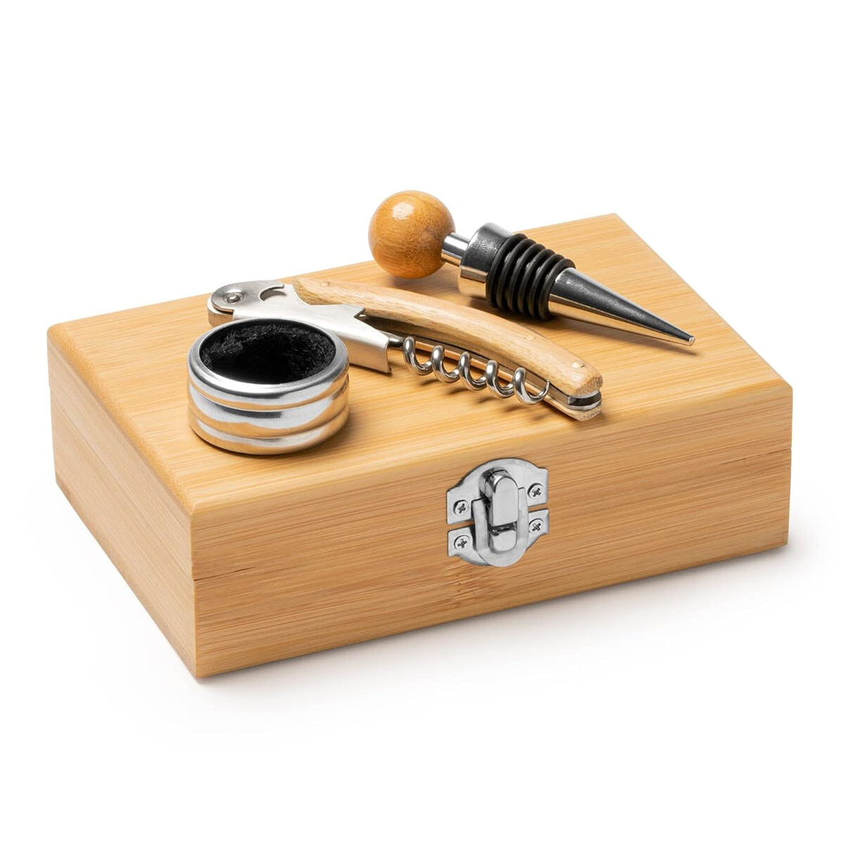 Set de Vino 3 Accesorios con Sacacorchos y Estuche en Madera - Natural 