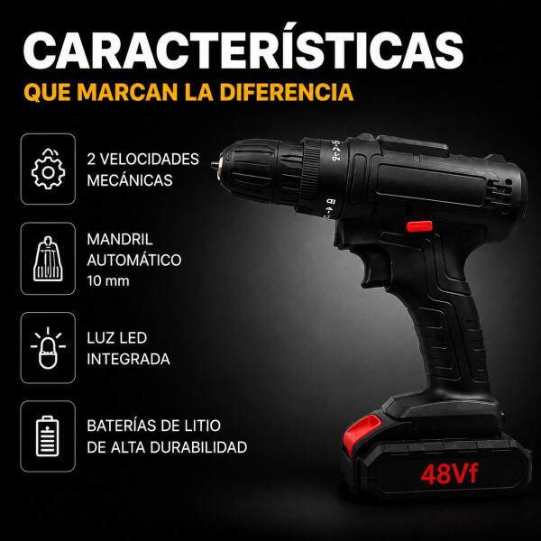 Taladro Percutor Atornillador + 2 Baterías 48V Inalambrico Negro