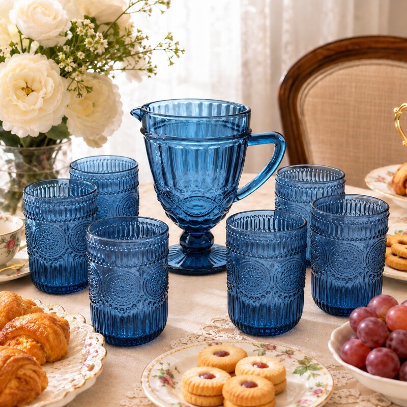 Jarra Labrada 1 Litro y 6 Vasos 300 ml Set Vidrio Azul