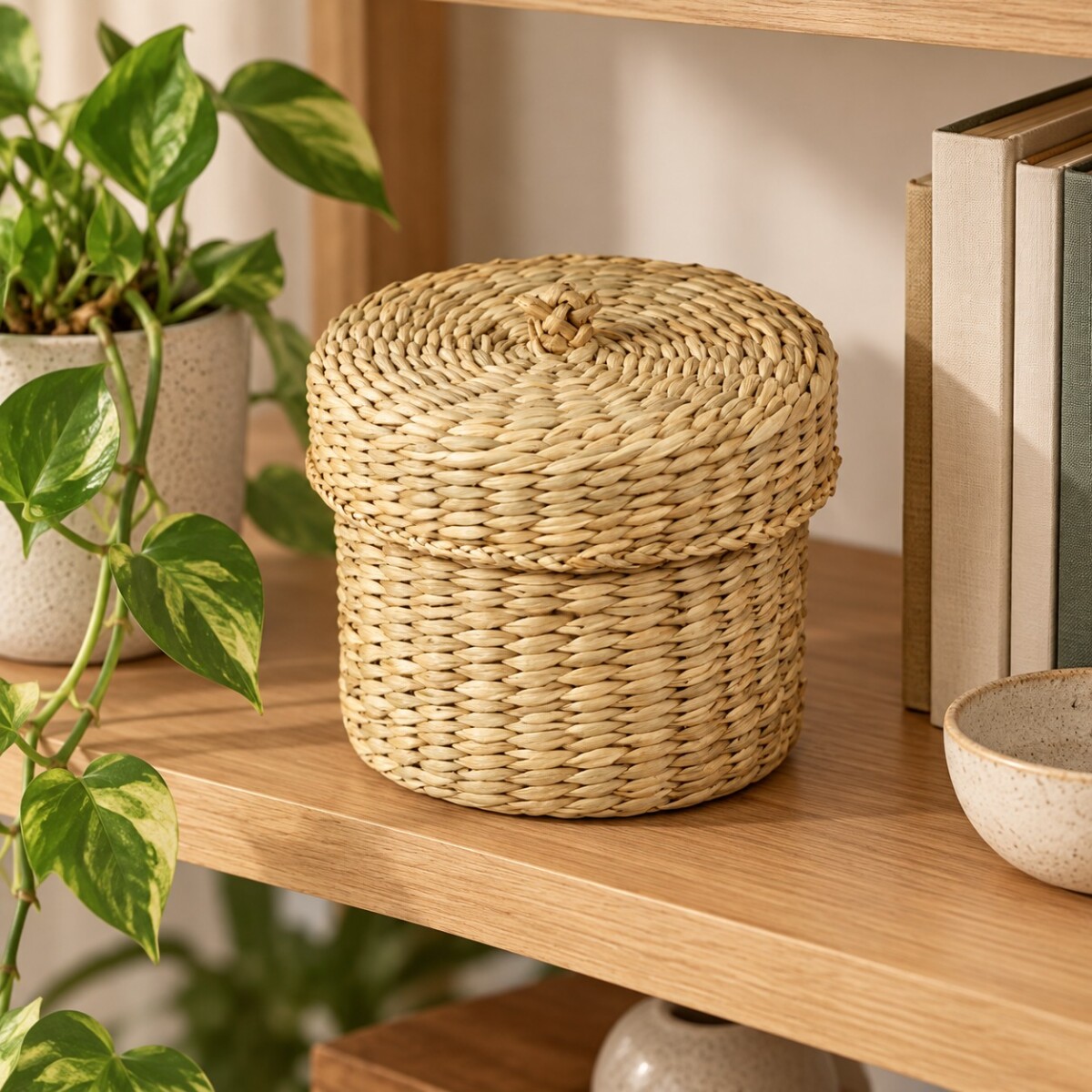 Cesto Canasto Organizador con Tapa de Fibra Natural 15 x 13 cm 