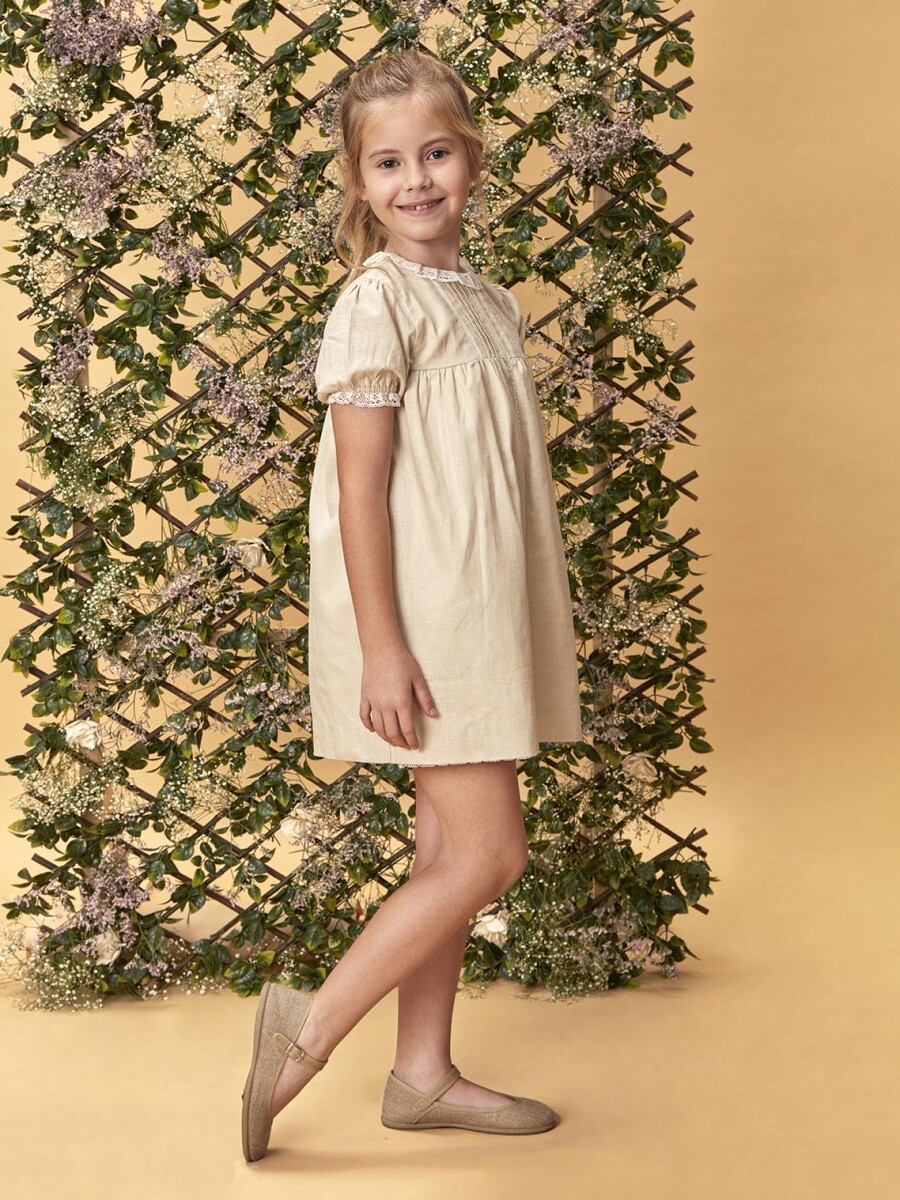 Vestidode Lino Con Tiras Bordadas Marron