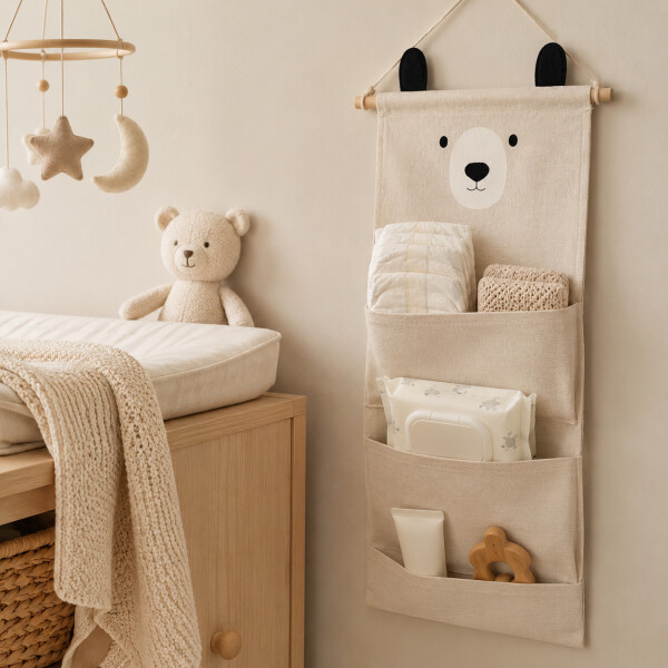 Organizador Colgante Osito Con 3 Bolsillos Para Bebé 60x20cm Blanco