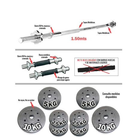 Set 2 Mancuernas Macizas + Barra 1.5m + 20 Kg Pesas Cmb000610