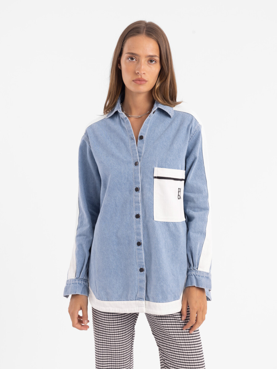 Camisa Noble Denim color block - Off White/light blue 
