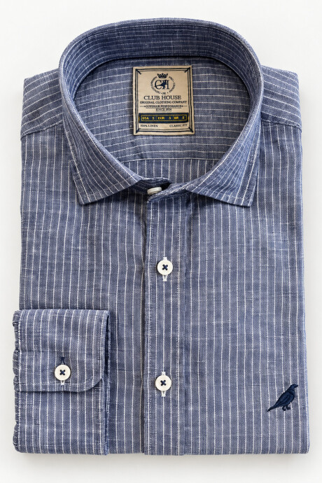Camisa Lino Short Collar Rayas Azul Noche