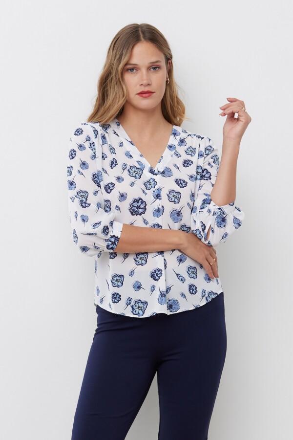 Blusa Escote V BLANCO/AZUL