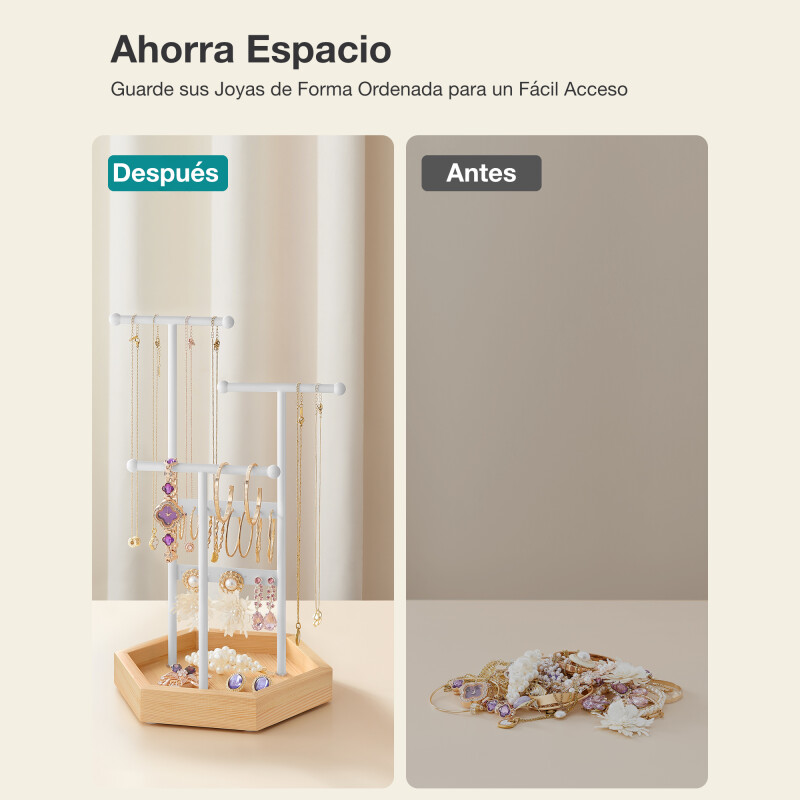 SONGMICS Organizadora de Joyas de Metal de 3 Niveles con Base de Madera – Soporte para Pulseras, Relojes y Pendientes Blanco