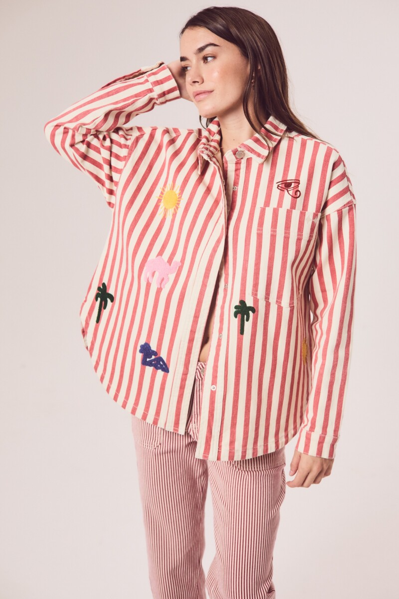 Sobrecamisa Rayas Y Bordado Rojo