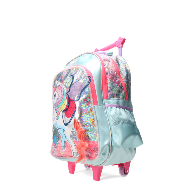 Mochila Footy Unicornio 18" CARRO con Luz Led Verde Agua - Rosado