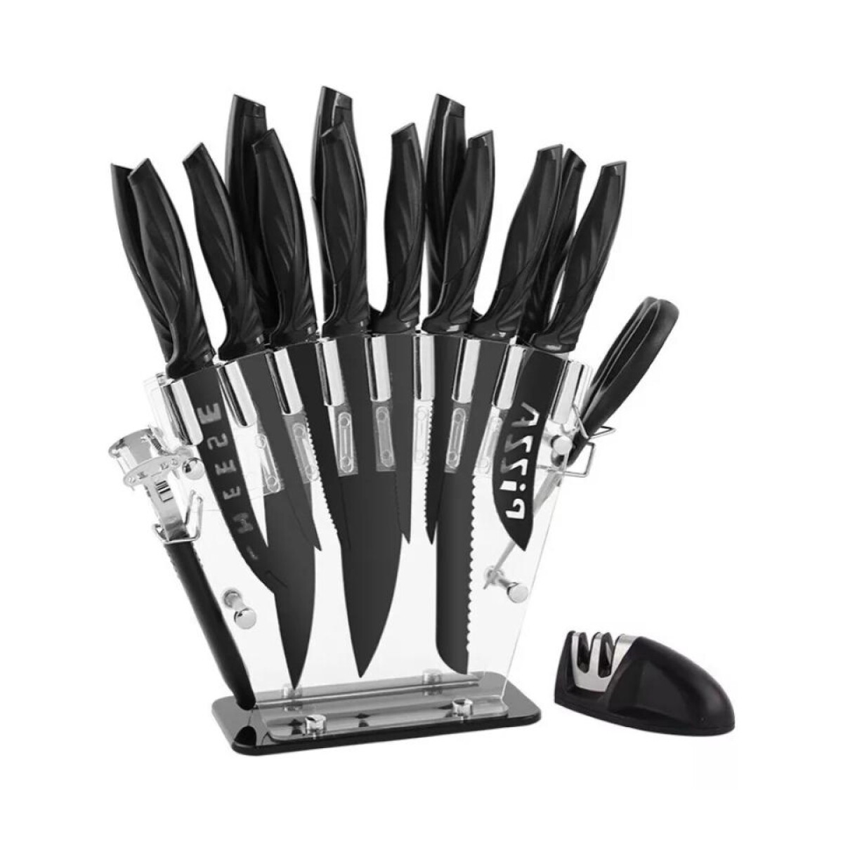 Set De Cuchillos CUORI 17 Piezas Spiga Con Afilador Y Soporte - Negro 