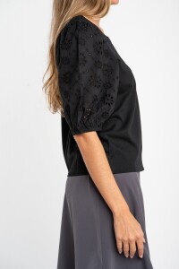 Remera Manga Globo Broderie Negro