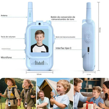 Walkie Talkies X2 Infantil Camara Pantalla Recargable Celeste