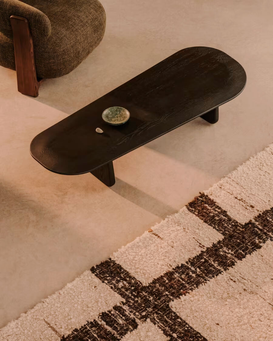 Mesa de centro Pirita de madera maciza de roble con acabado negro, 146 x 56,5 cm FSC 100%