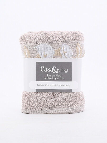 TOALLAS SET FLORA BAÑO Y ROSTRO BEIGE