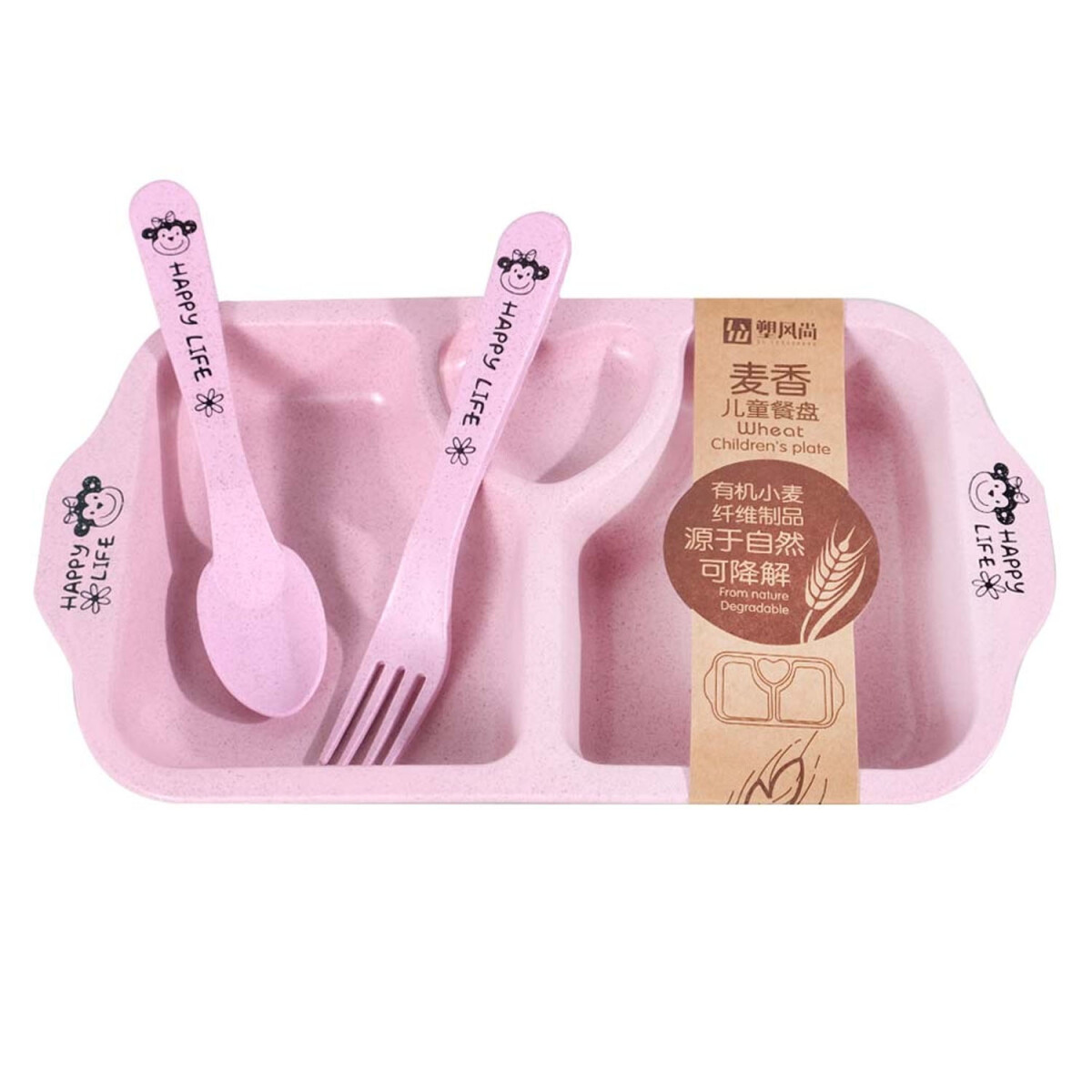 Set Comida Bebé Plato c/ Divisiones Cuchara Tenedor Plástico - Rosa 