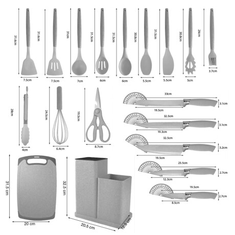 Set Cocina Menage 19Pz Utensillos Cuchillos Tabla c/Soporte Gris