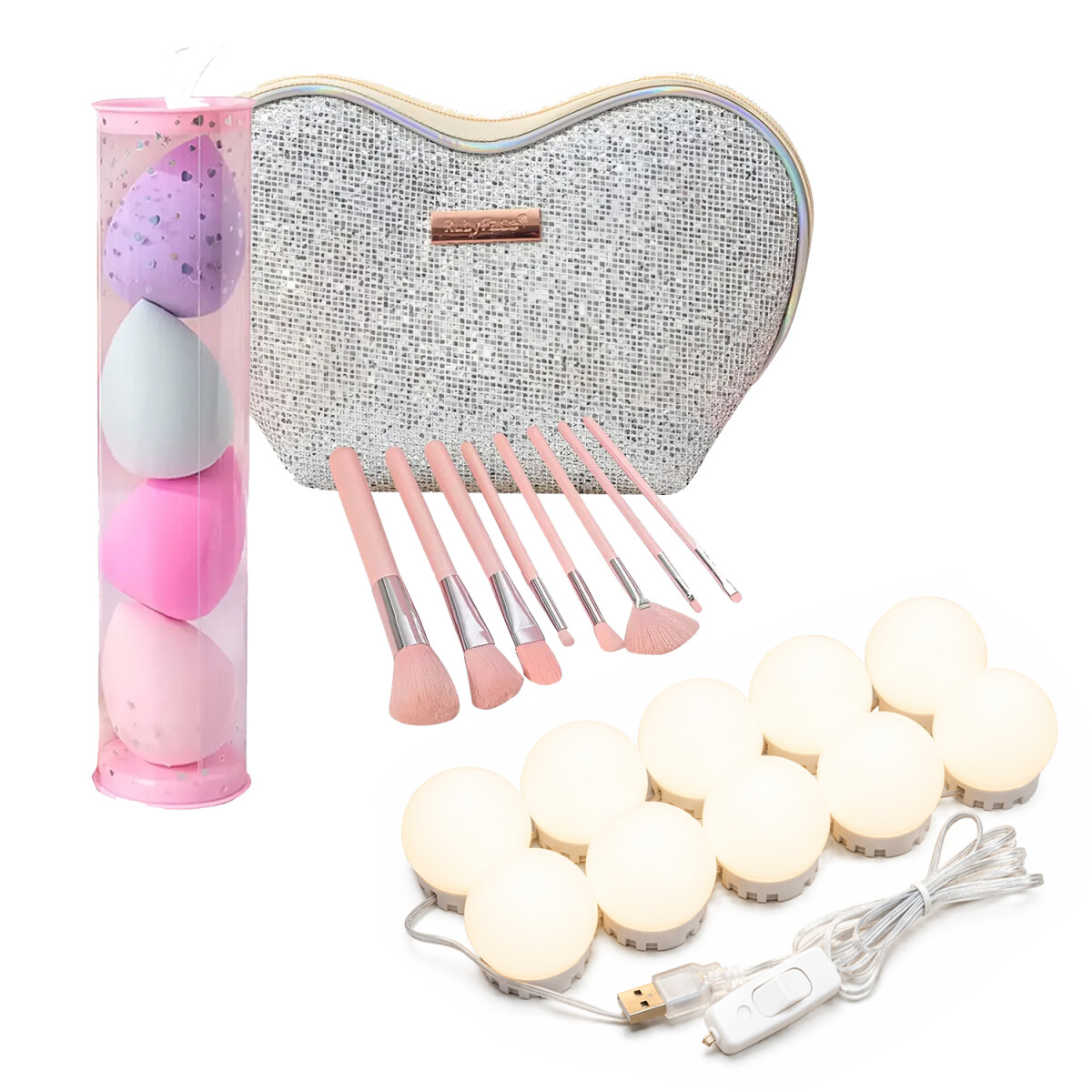 Set Maquillaje 8 Brochas + 4 Esponjas + Luces LED P/Espejo - Plateado 