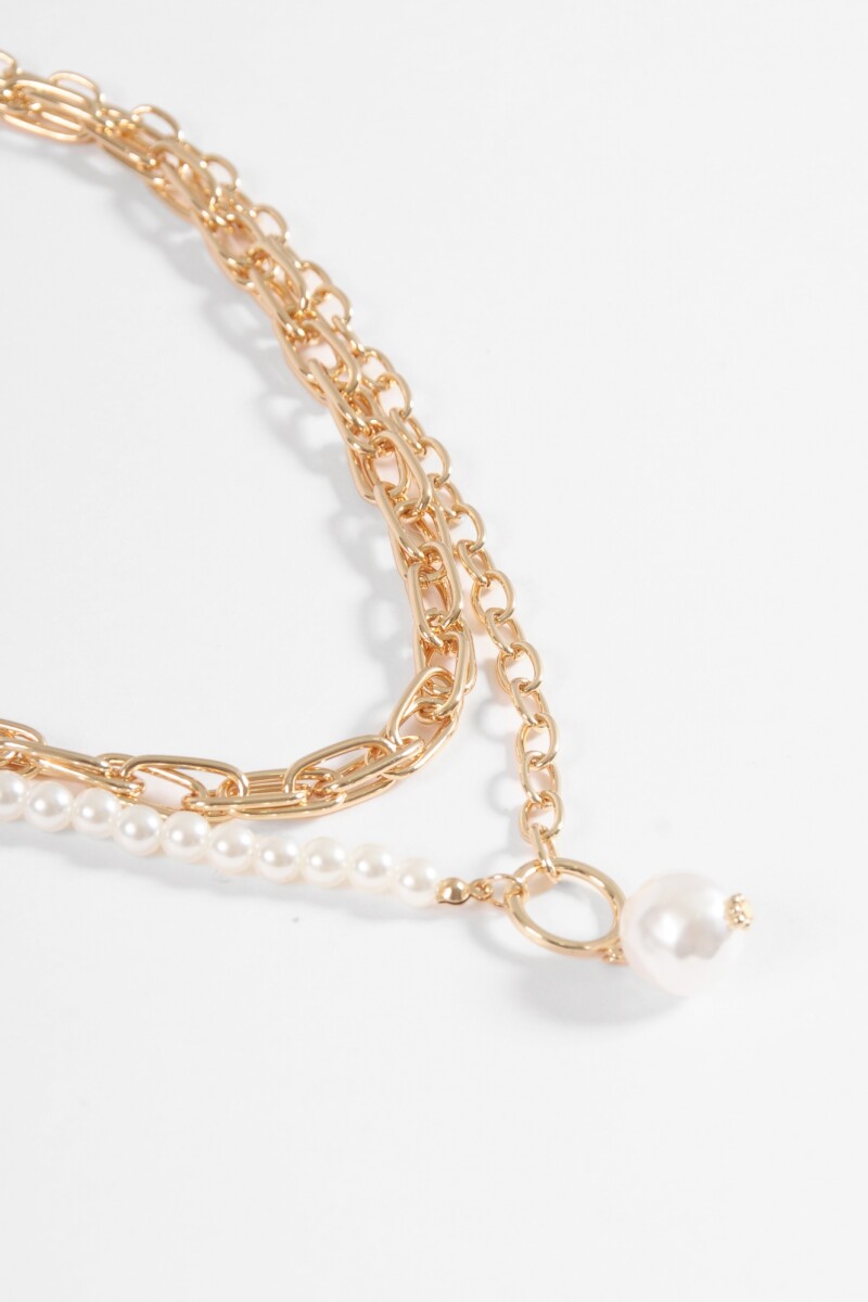 Collar multiple cadenas con perla dorado