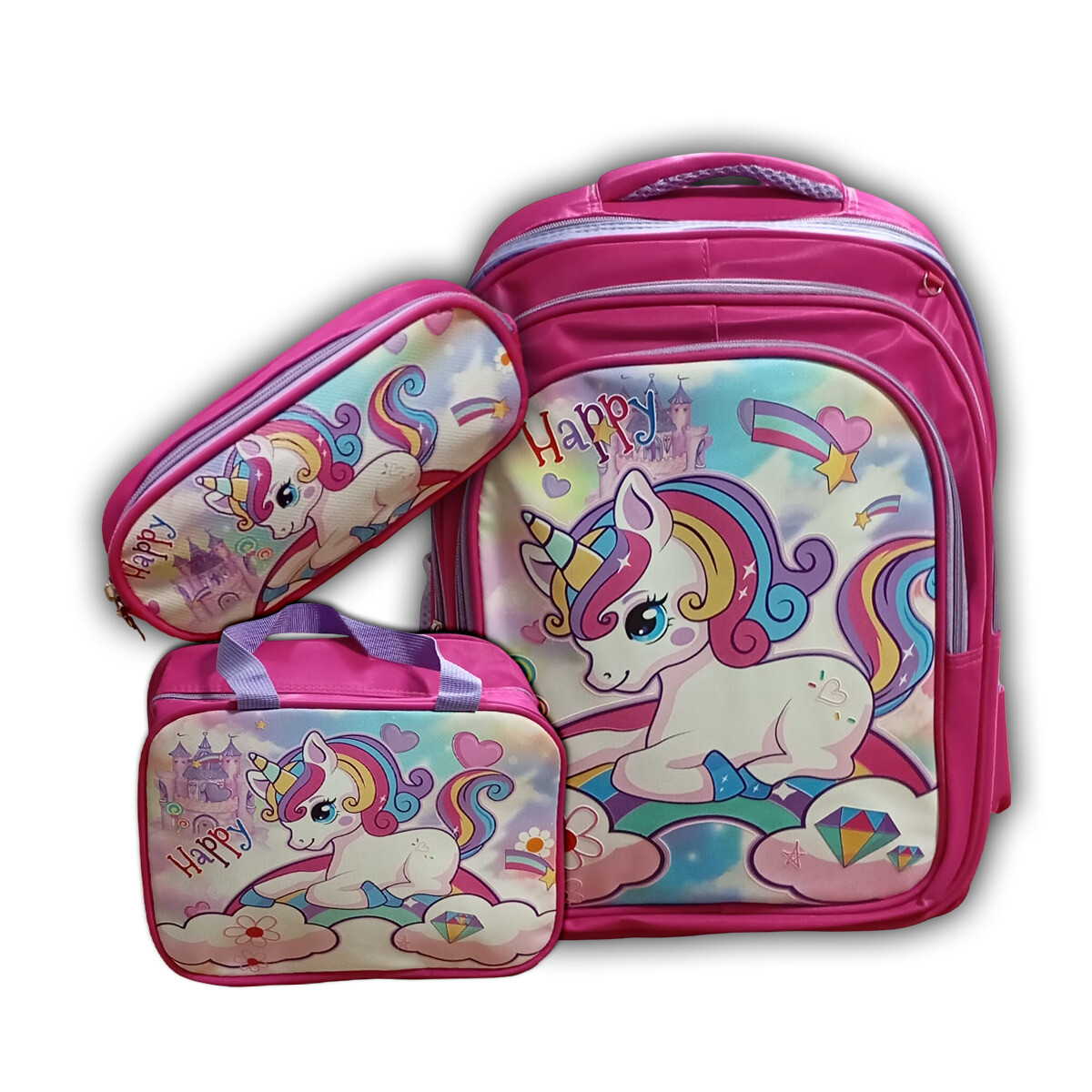 Mochila Escolar 3en1 Lunchera + Cartuchera Infantil - Rosado Unicornio 