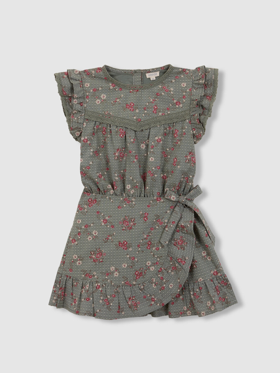 Vestido Estampado De Flores Con Tiras Bordadas Verde