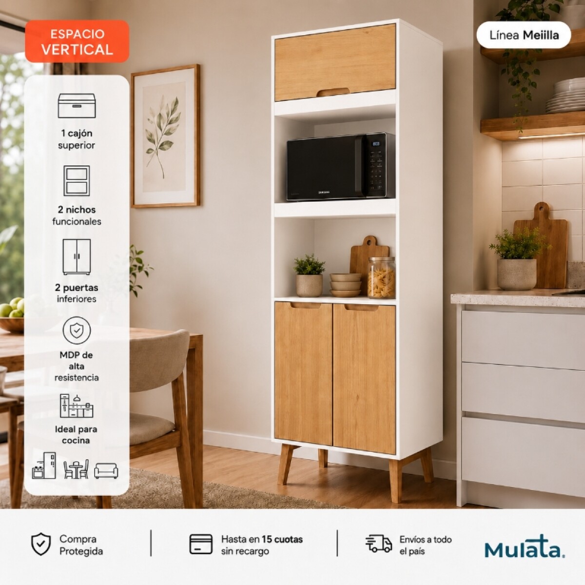 Mueble Alacena Multiusos de Cocina Bajo Mesada con Módulos para Microondas en MDP - Madera - Línea Melilla - Blanco 