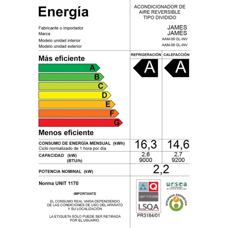 Aire Acondicionado James 9000 BTU INVERTER Modelo AAM-09 GL-INV Aire Acondicionado James 9000 BTU INVERTER Modelo AAM-09 GL-INV