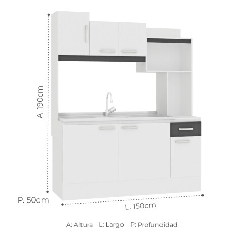 Kit de cocina compacta 6 puertas 1 cajón 150x50x190cm + Pileta Central Hormigón Celular Blanco / Grafito