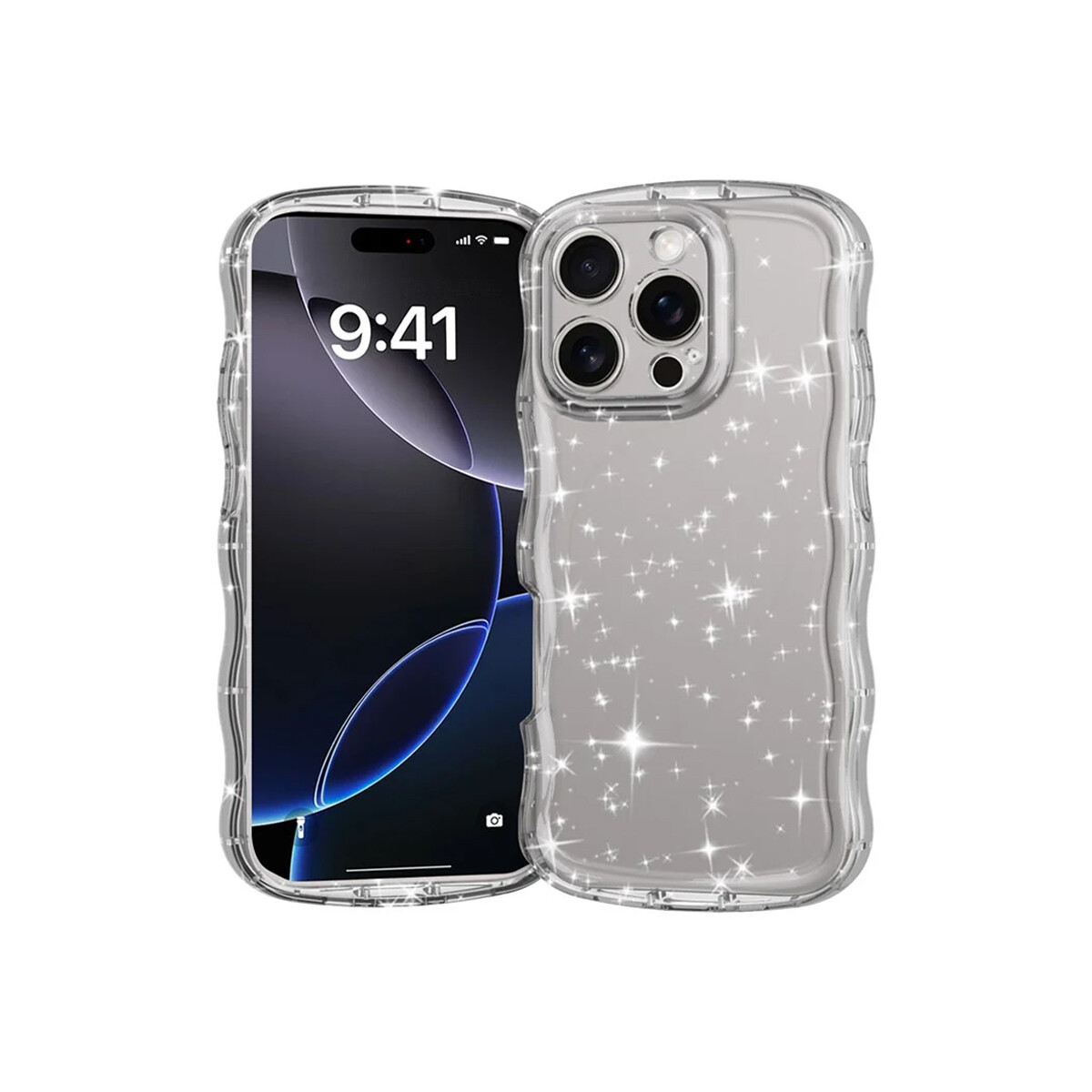 Protector para iPhone 16 Pro bordes ondulados con brillos 