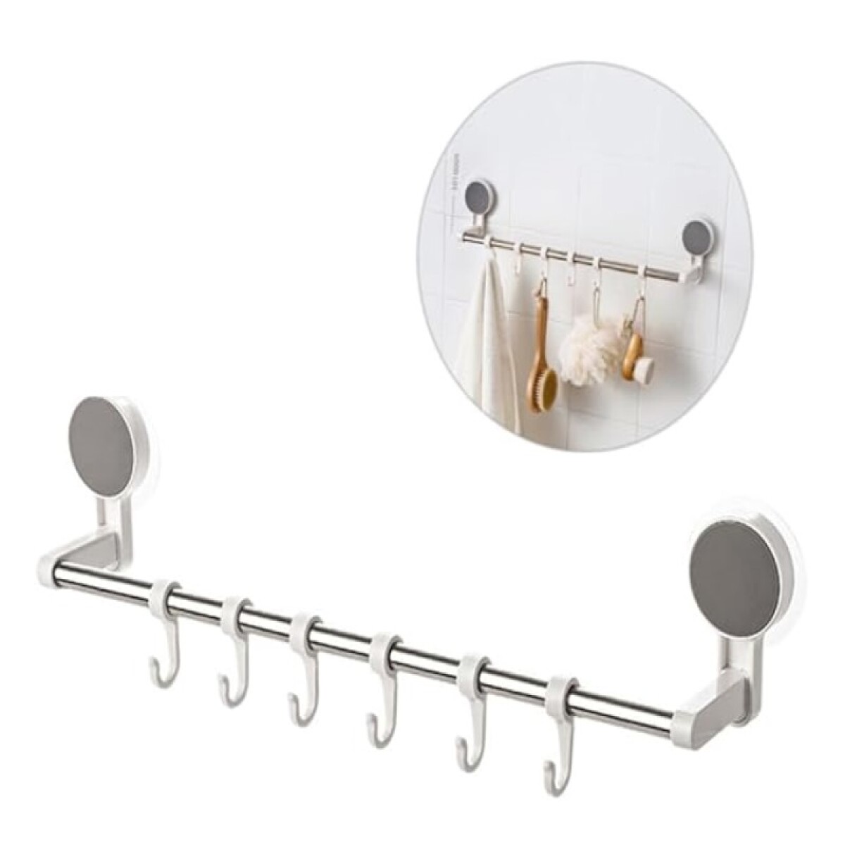 Soporte Blanco c/6 perchitas c/sopapa p/baño 49x8x10cm - Soporte Blanco C/6 Perchitas C/sopapa P/baño 49x8x10cm 