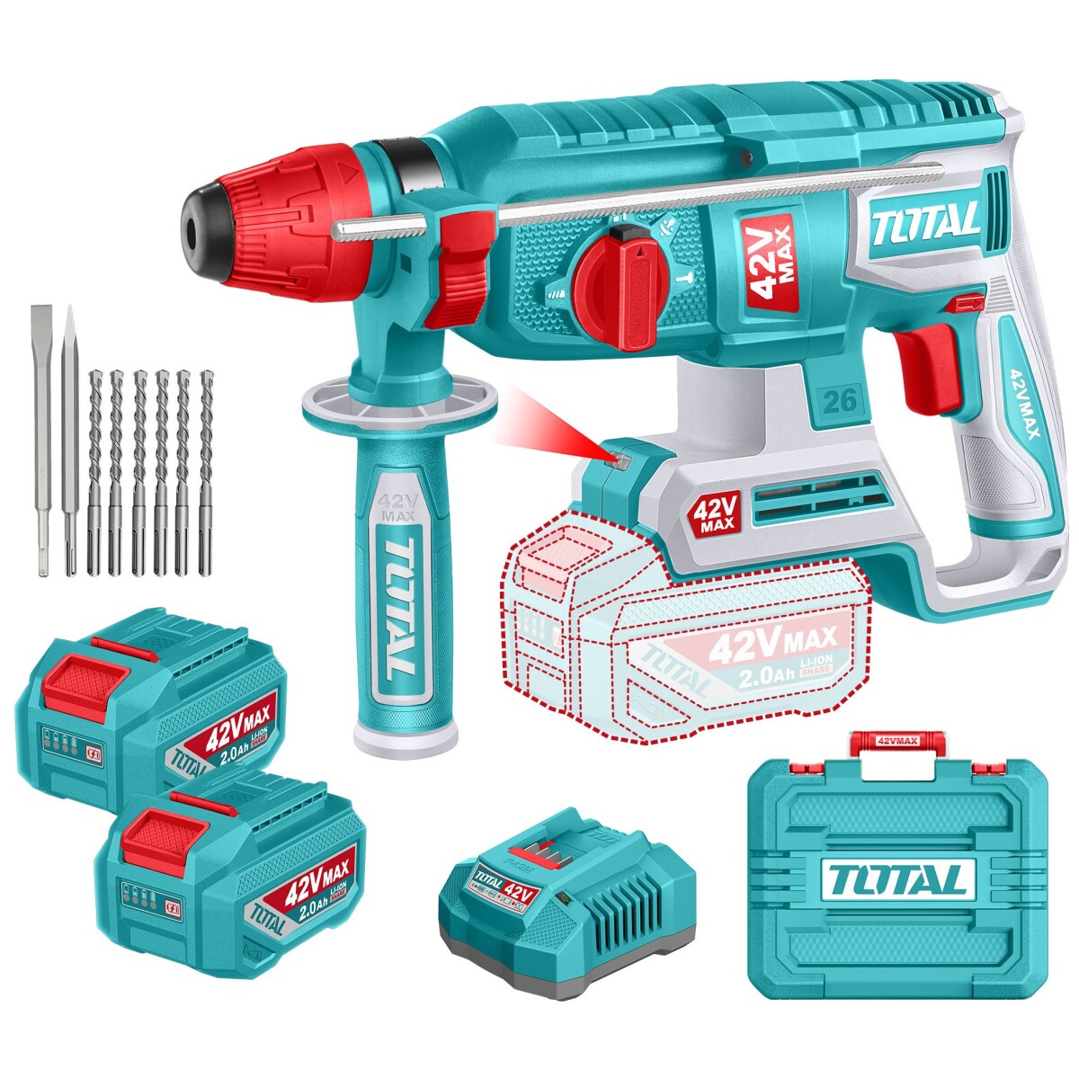 Rotomartillo Inalámbrico 42v Sds Plus Sin Carbones - 2 Baterías 2.0Ah, Cargador Y Maletín 